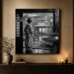 Cool Silver Rain Monochrome Geisha Art Canvas Print - Image 6