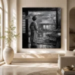 Cool Silver Rain Monochrome Geisha Art Canvas Print - Image 8