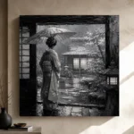 Cool Silver Rain Monochrome Geisha Art Canvas Print - Image 9