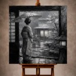 Cool Silver Rain Monochrome Geisha Art Canvas Print - Image 10