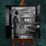 Cool Silver Rain Monochrome Geisha Art Canvas Print - Image 11