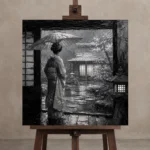 Cool Silver Rain Monochrome Geisha Art Canvas Print displayed on a studio easel