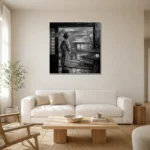 Cool Silver Rain Monochrome Geisha Art Canvas Print styled in a refined neutral interior