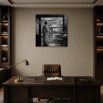Cool Silver Rain Monochrome Geisha Art Canvas Print displayed in a contemporary gallery-inspired room