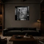 Cool Silver Rain Monochrome Geisha Art Canvas Print shown in a warm modern interior