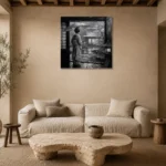 Cool Silver Rain Monochrome Geisha Art Canvas Print presented in a sophisticated home setting