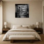 Cool Silver Rain Monochrome Geisha Art Canvas Print showcased in an elegant minimalist interior