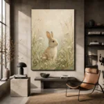 Soft Beige Woodland Bunny Kids Room Wall Art Canvas Print - Image 3