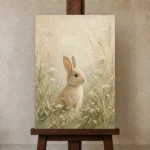 Soft Beige Woodland Bunny Kids Room Wall Art Canvas Print displayed on a studio easel