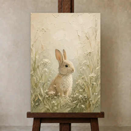 Soft Beige Woodland Bunny Kids Room Wall Art Canvas Print shown in Studio Easel