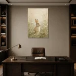 Soft Beige Woodland Bunny Kids Room Wall Art Canvas Print displayed in a contemporary gallery-inspired room
