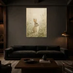 Soft Beige Woodland Bunny Kids Room Wall Art Canvas Print shown in a warm modern interior