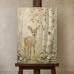 Sage & Taupe Deer Woodland Nursery Wall Art Canvas Print displayed on a studio easel