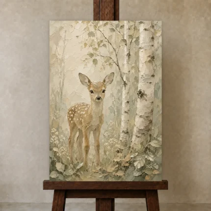 Sage & Taupe Deer Woodland Nursery Wall Art Canvas Print shown in Studio Easel