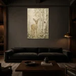 Sage & Taupe Deer Woodland Nursery Wall Art Canvas Print shown in a warm modern interior
