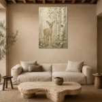 Sage & Taupe Deer Woodland Nursery Wall Art Canvas Print presented in a sophisticated home setting