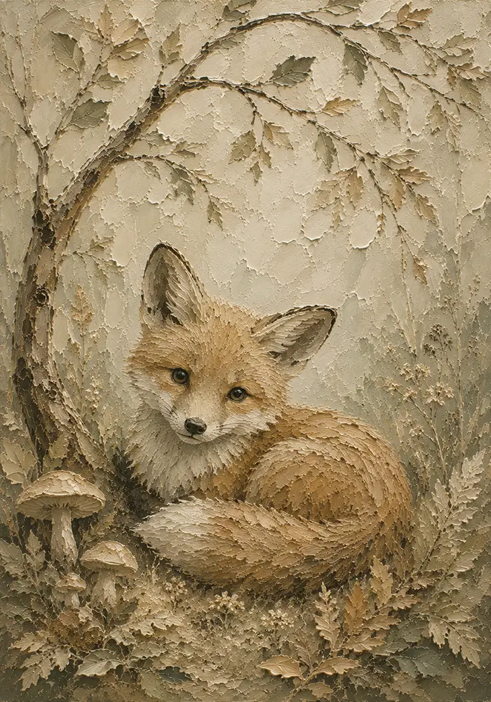 Earthy Beige Fox Cub Woodland Nursery Wall Art Canvas Print
