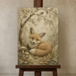 Earthy Beige Fox Cub Woodland Nursery Wall Art Canvas Print displayed on a studio easel