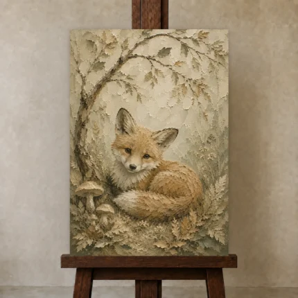 Earthy Beige Fox Cub Woodland Nursery Wall Art Canvas Print shown in Studio Easel