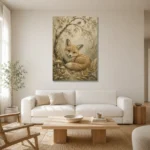 Earthy Beige Fox Cub Woodland Nursery Wall Art Canvas Print styled in a refined neutral interior