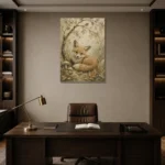 Earthy Beige Fox Cub Woodland Nursery Wall Art Canvas Print displayed in a contemporary gallery-inspired room