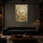 Earthy Beige Fox Cub Woodland Nursery Wall Art Canvas Print shown in a warm modern interior