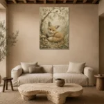 Earthy Beige Fox Cub Woodland Nursery Wall Art Canvas Print presented in a sophisticated home setting
