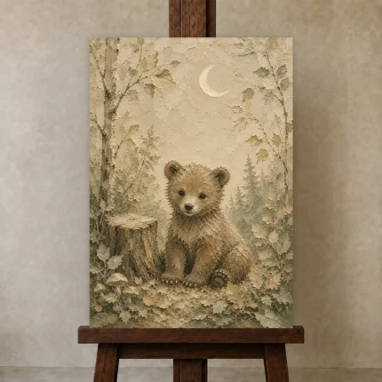 Ivory & Moss Sage Bear Woodland Nursery Wall Art Canvas Print shown in Studio Easel