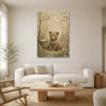 Ivory & Moss Sage Bear Woodland Nursery Wall Art Canvas Print styled in a refined neutral interior