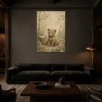 Ivory & Moss Sage Bear Woodland Nursery Wall Art Canvas Print shown in a warm modern interior