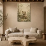 Ivory & Moss Sage Bear Woodland Nursery Wall Art Canvas Print presented in a sophisticated home setting
