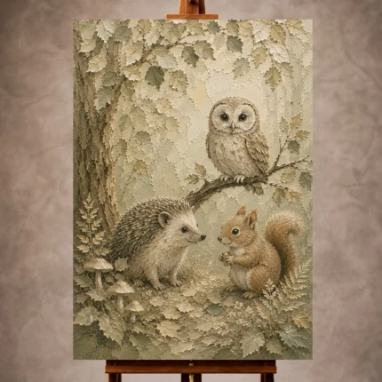 Beige and sage gentle Woodland Nursery Wall Art print for elegant interiors. No text or watermarks in design.