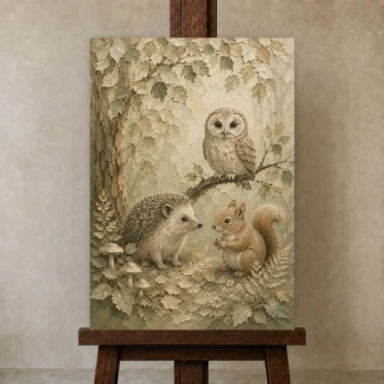 Beige & Sage Woodland Friends Woodland Nursery Wall Art Canvas Print shown in Studio Easel