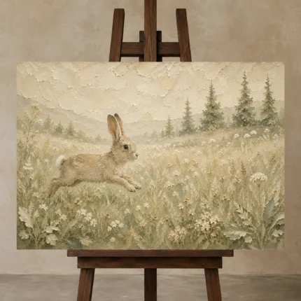 Beige & Sage Rabbit Woodland Nursery Wall Art Canvas Print shown in Studio Easel