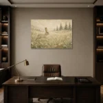 Beige & Sage Rabbit Woodland Nursery Wall Art Canvas Print displayed in a contemporary gallery-inspired room