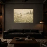 Beige & Sage Rabbit Woodland Nursery Wall Art Canvas Print shown in a warm modern interior