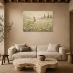 Beige & Sage Rabbit Woodland Nursery Wall Art Canvas Print presented in a sophisticated home setting