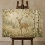 Sage & Beige Fawn Woodland Nursery Wall Art Canvas Print displayed on a studio easel
