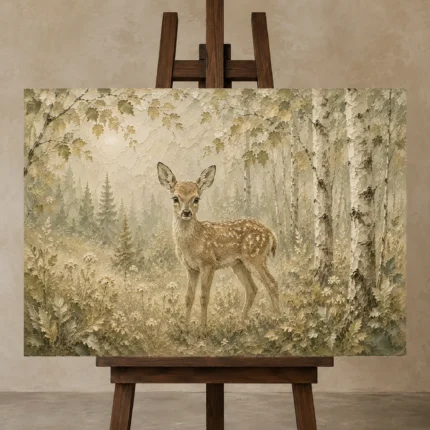 Sage & Beige Fawn Woodland Nursery Wall Art Canvas Print displayed on a studio easel