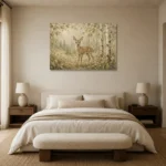 Sage & Beige Fawn Woodland Nursery Wall Art Canvas Print showcased in an elegant minimalist interior