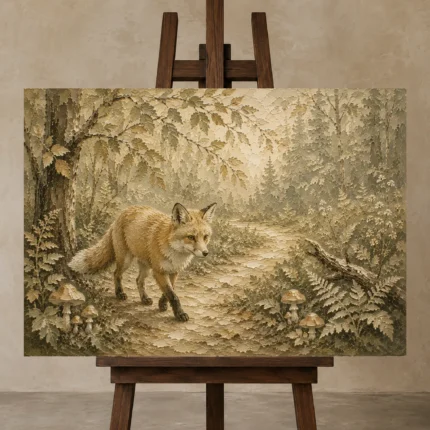 Beige & Sage Fox Path Woodland Nursery Wall Art Canvas Print shown in Studio Easel