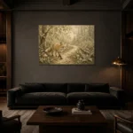 Beige & Sage Fox Path Woodland Nursery Wall Art Canvas Print shown in a warm modern interior