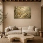 Beige & Sage Fox Path Woodland Nursery Wall Art Canvas Print presented in a sophisticated home setting