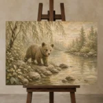 Ivory & Sage Bear River Woodland Nursery Wall Art Canvas Print displayed on a studio easel
