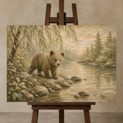 Ivory & Sage Bear River Woodland Nursery Wall Art Canvas Print displayed on a studio easel