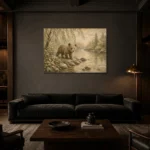 Ivory & Sage Bear River Woodland Nursery Wall Art Canvas Print shown in a warm modern interior