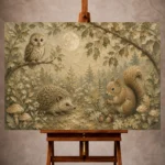 Beige and sage twilight Woodland Nursery Wall Art print for elegant interiors. No text or watermarks in design.
