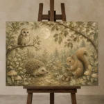 Beige & Sage Woodland Friends Nursery Wall Art Canvas Print displayed on a studio easel