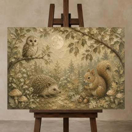 Beige & Sage Woodland Friends Nursery Wall Art Canvas Print shown in Studio Easel