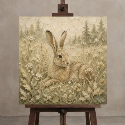 Beige & Sage Hare Woodland Nursery Wall Art Canvas Print shown in Studio Easel